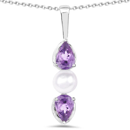 1.34 Carat Genuine Amethyst and Pearl .925 Sterling Silver Pendant  DestGlow