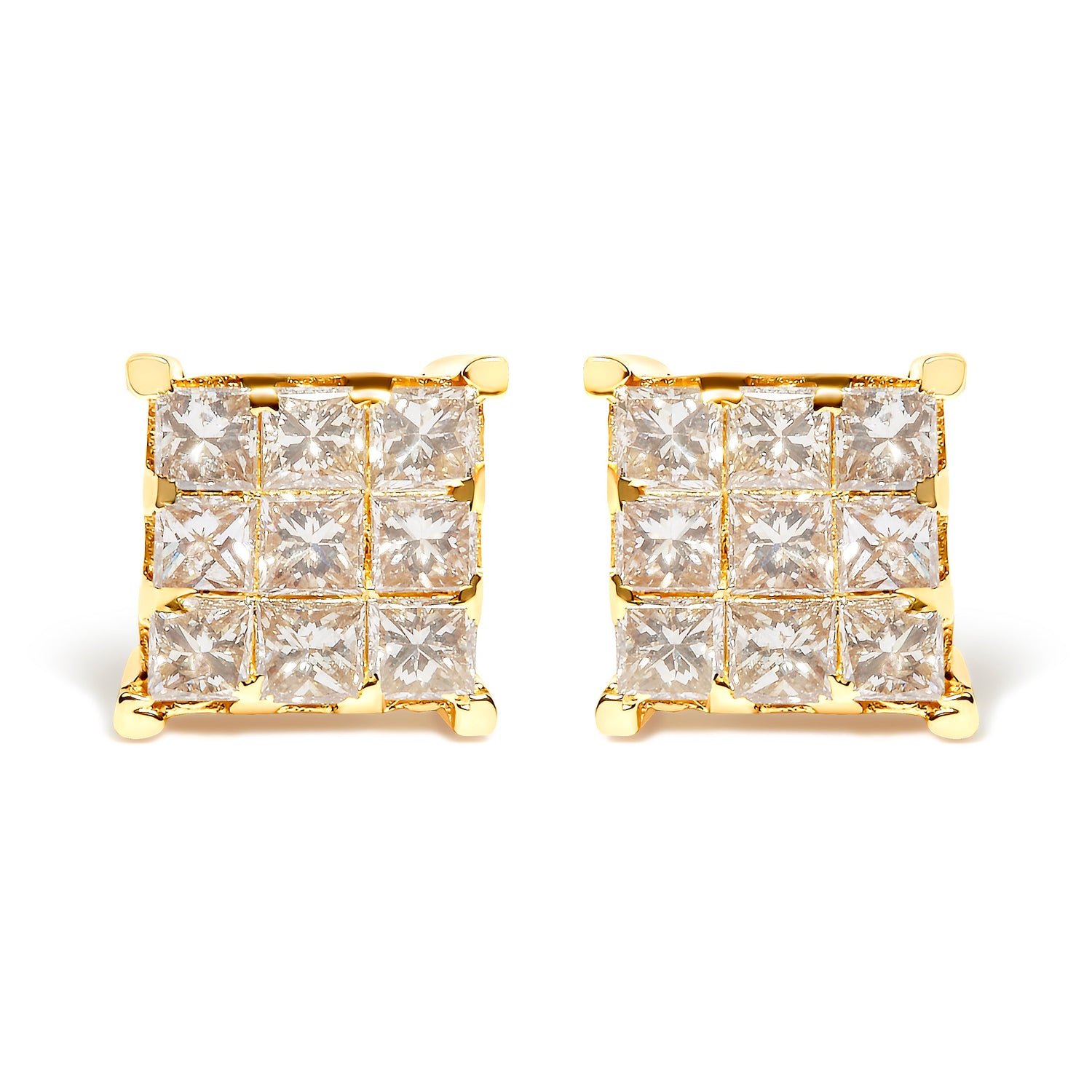 14K Yellow Gold 1 1/2 Cttw Invisible Set Princess-Cut Diamond 9 Stone Square Stud Earrings (J-K Color, SI2-I1 Clarity)