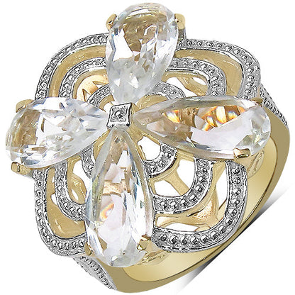 14K Yellow Gold Plated 6.69 Carat Genuine Crystal Quartz &amp; White Diamond .925 Sterling Silver Ring by Bids.com