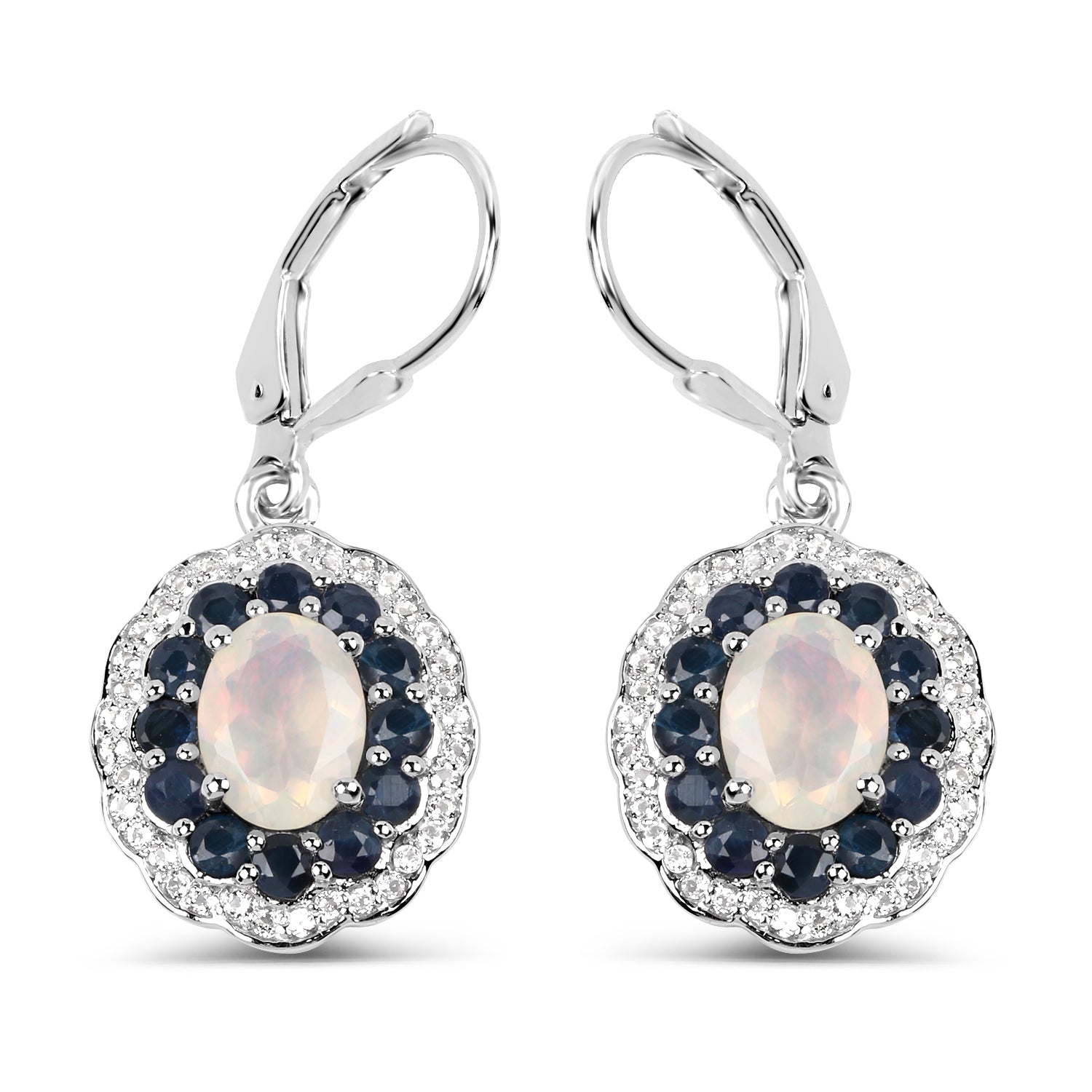 2.80 Carat Genuine Ethiopian Opal, Blue Sapphire and White Topaz .925 Sterling Silver Earrings  DestGlow
