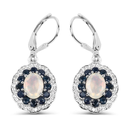 2.80 Carat Genuine Ethiopian Opal, Blue Sapphire and White Topaz .925 Sterling Silver Earrings  DestGlow