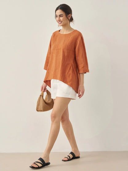 100% Linen Round Neck Artistic Stripe Top FLORENCE by LINTICO