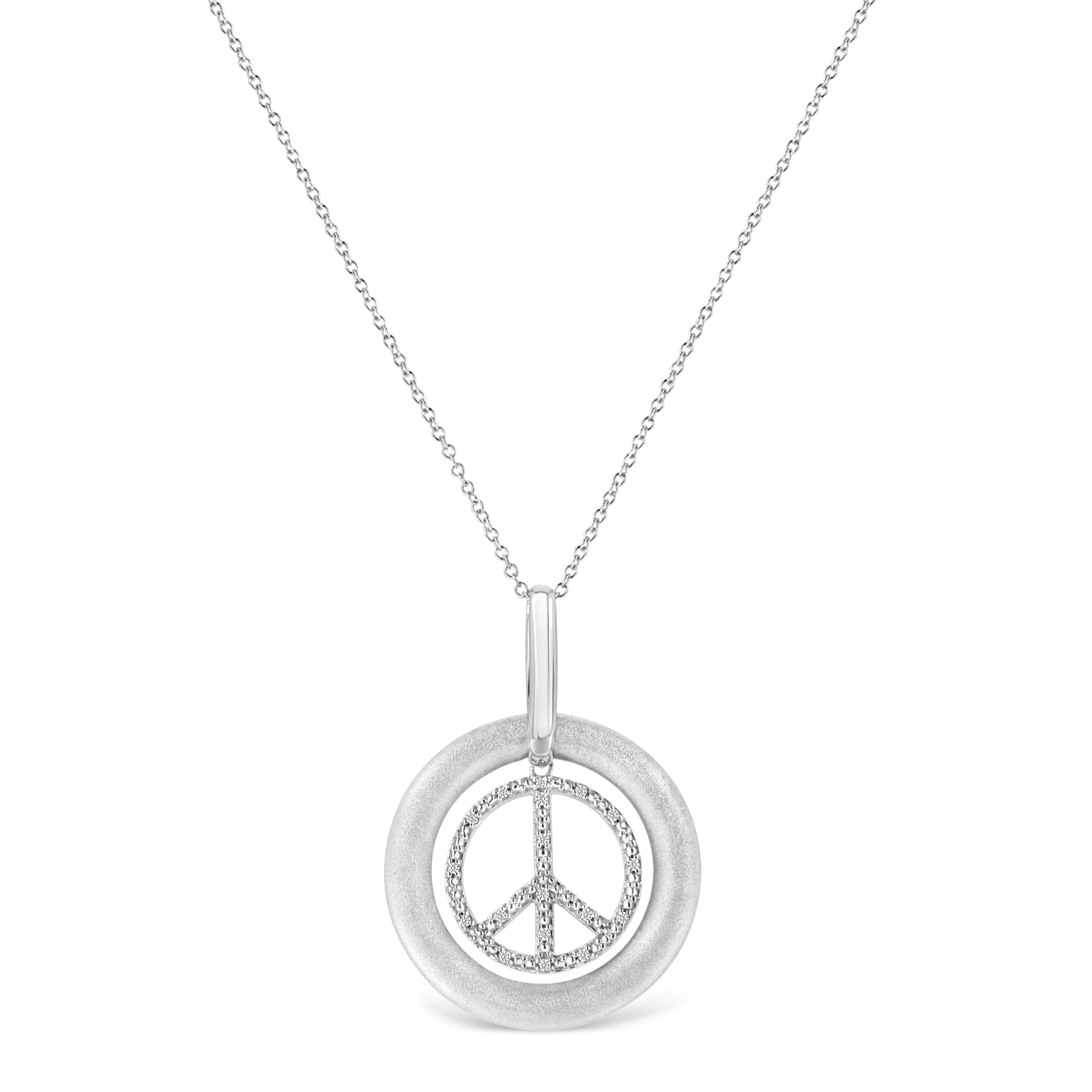 Matte Finish .925 Sterling Silver Diamond Accent Dancing Peace Sign 18" Pendant Necklace (I-J Color, I1-I2 Clarity) by Bids.com