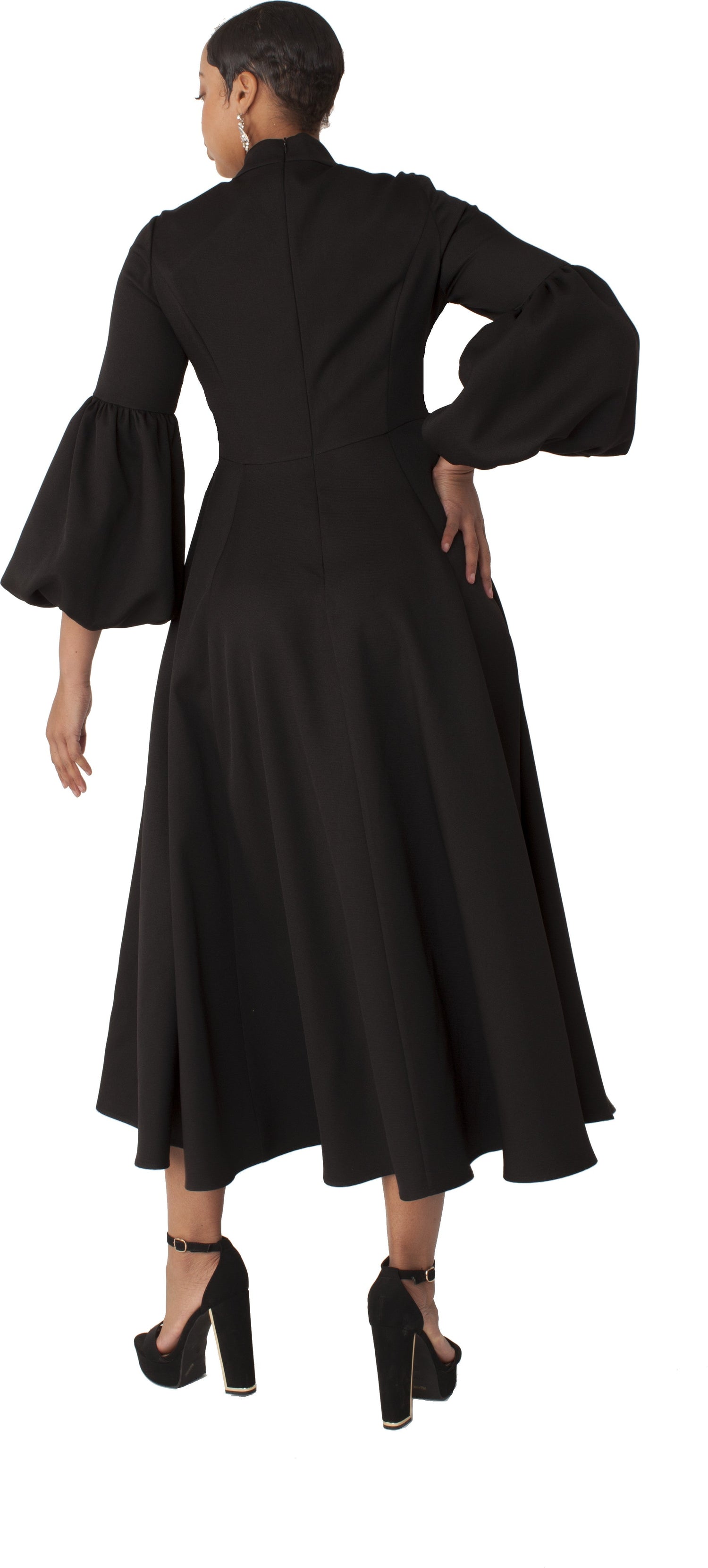 Modest Clergy Dress with Bell Sleeves and Tie Collar – 4846 by Tally Taylor