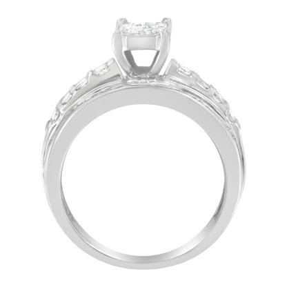 14K White Gold 1.0 Cttw Mixed-Cut Diamond Rectangle Invisible-Set Composite Cluster Ring with Bar- and Channel-Set Band (H-I Color, SI2-I1 Clarity) - Size 7 by Bids.com
