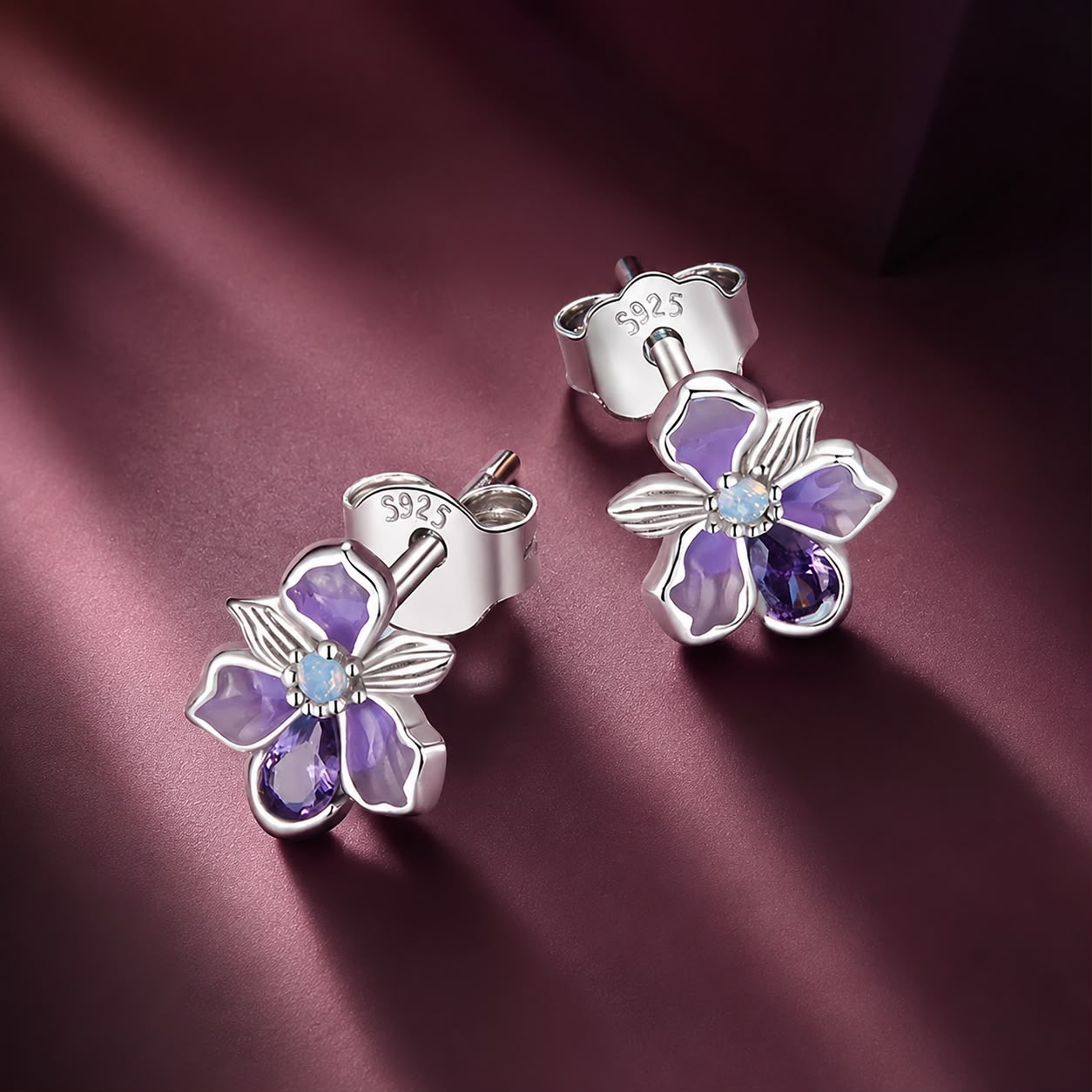 925 Sterling Silver Earrings with Nano Opal Stone and CZ, White Gold Plated, 0.7cm, for Women  DestGlow