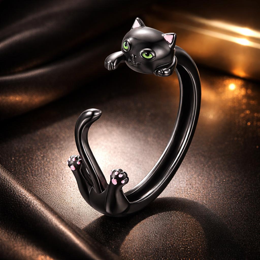 S925 Sterling Silver Plated Black Gold Cat-themed Ring for Women  DestGlow