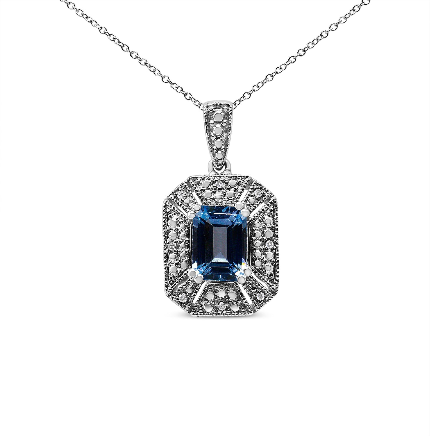 .925 Sterling Silver Blue Topaz and Diamond Accent Art Deco Style 18" Pendant Necklace (I-J Color, I1-I2 Clarity) by Bids.com