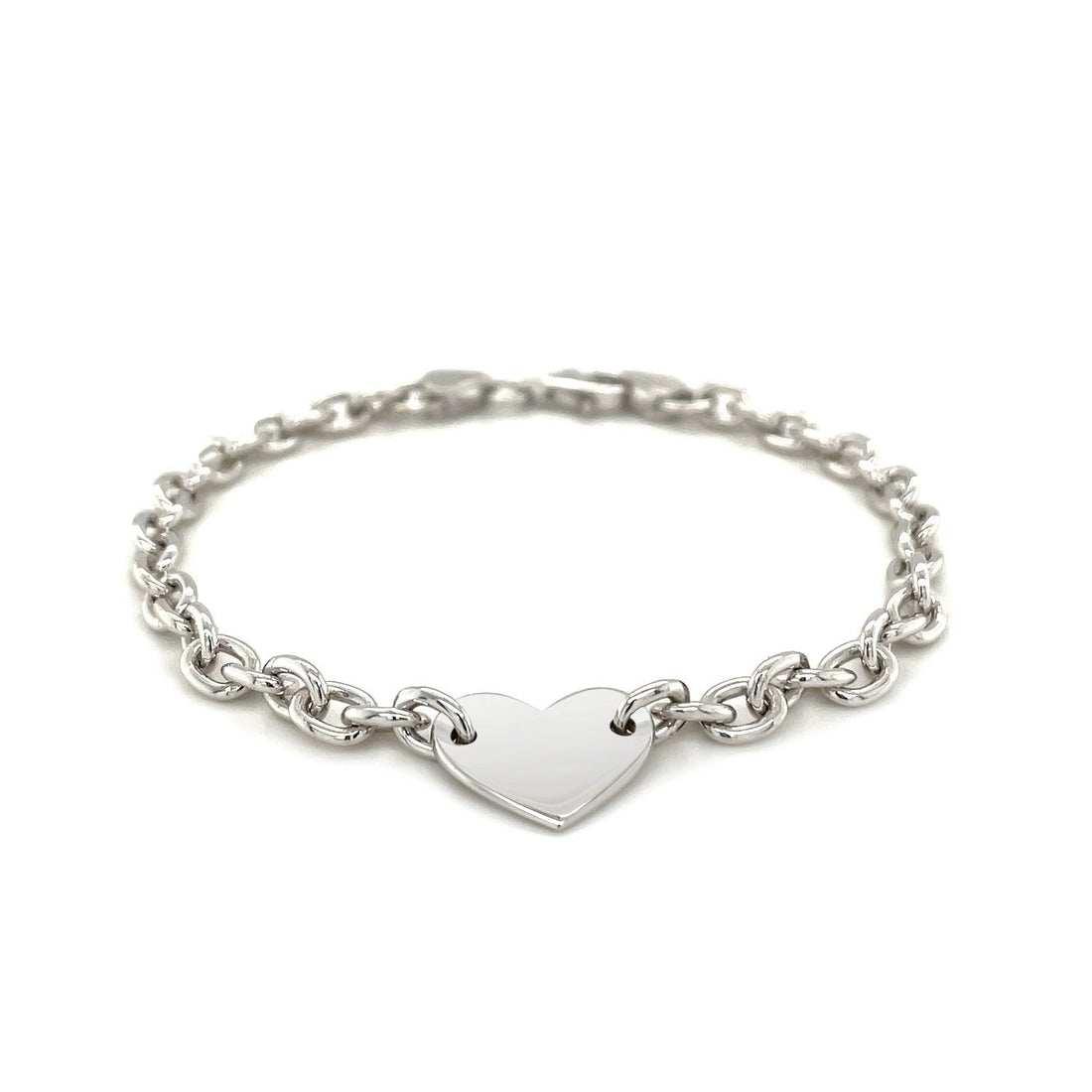 Sterling Silver Rhodium Plated Chain Bracelet with a Flat Heart Station by Bids.com