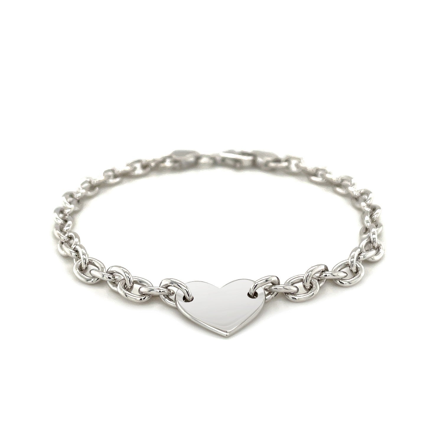 Sterling Silver Rhodium Plated Chain Bracelet with a Flat Heart Station by Bids.com