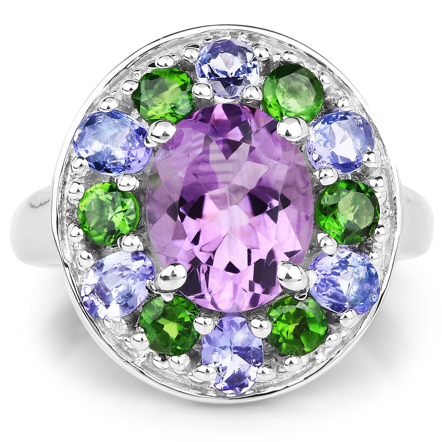 3.89 Carat Genuine Amethyst, Tanzanite &amp; Chrome Diopside .925 Sterling Silver Ring by Bids.com