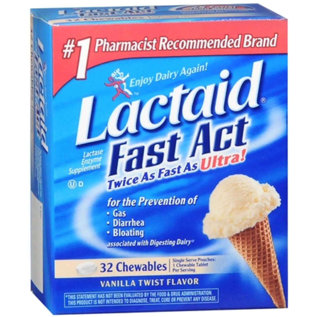 Lactaid Lactase Enzyme Supplement, Fast Act, Chewables, Vanilla Twist Flavor 
