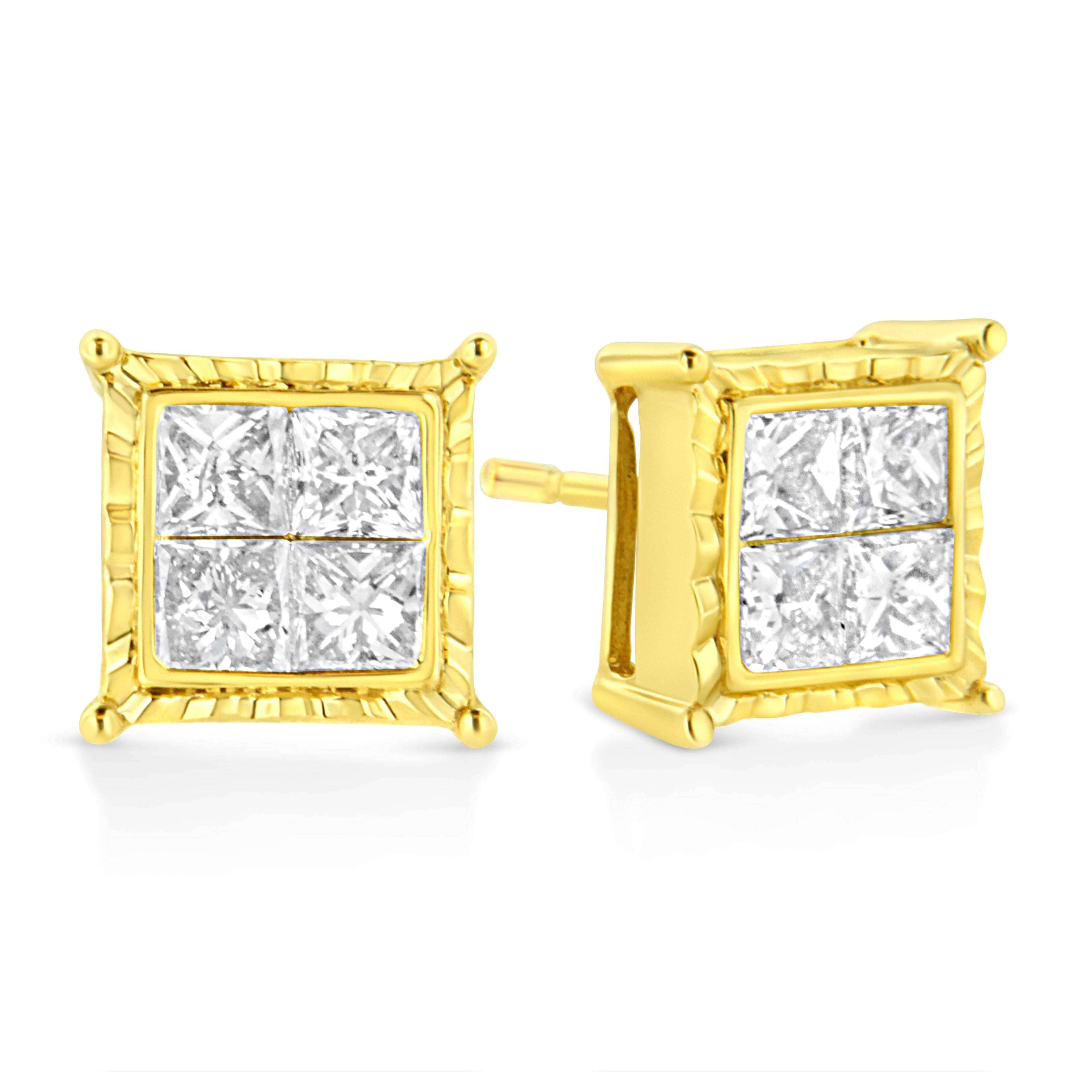 14K Yellow Gold 1.0 Cttw Invisible Set Princess-Cut Diamond Composite 8 Stone Stud Earrings (I-J Color, SI1-SI2 Clarity) by Bids.com