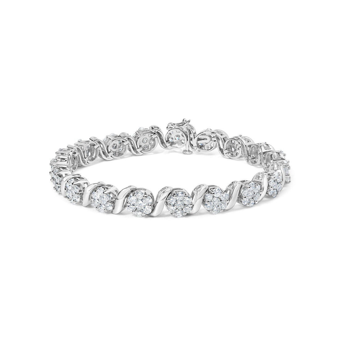 14K White Gold 7 3/8 Cttw Round Brilliant Diamond Floral Cluster and S Link Bracelet (H-I Color, SI2-I1 Clarity) - 7" Inches by Bids.com