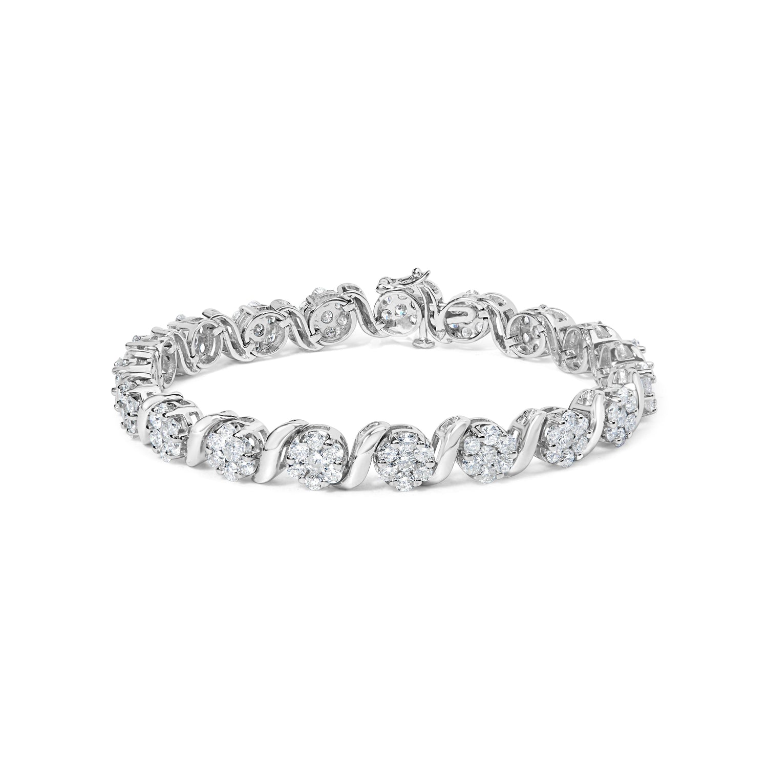 14K White Gold 7 3/8 Cttw Round Brilliant Diamond Floral Cluster and S Link Bracelet (H-I Color, SI2-I1 Clarity) - 7" Inches by Bids.com