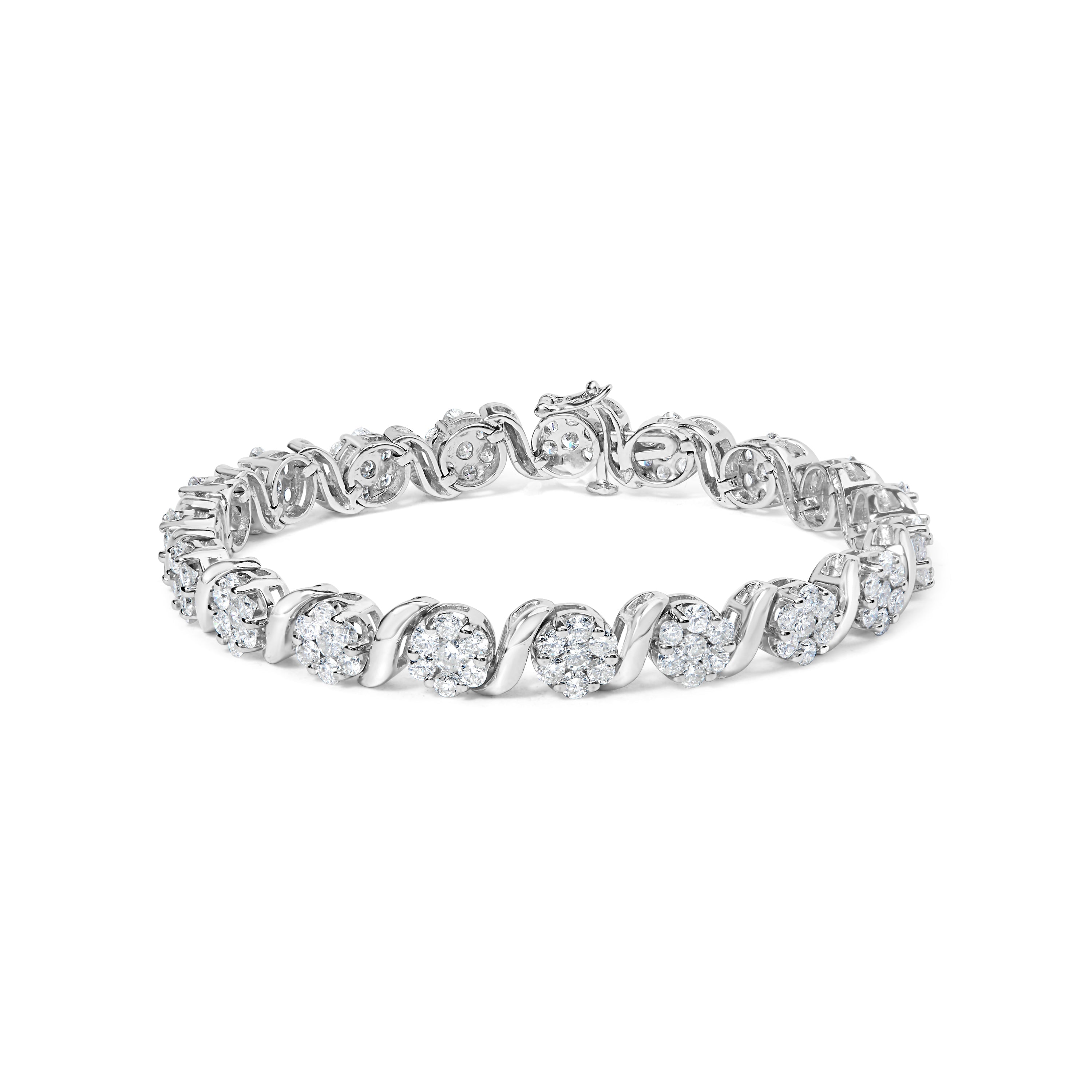 14K White Gold 7 3/8 Cttw Round Brilliant Diamond Floral Cluster and S Link Bracelet (H-I Color, SI2-I1 Clarity) - 7" Inches by Bids.com