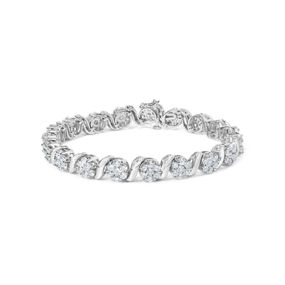 14K White Gold 7 3/8 Cttw Round Brilliant Diamond Floral Cluster and S Link Bracelet (H-I Color, SI2-I1 Clarity) - 7" Inches by Bids.com