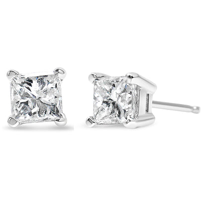 AGS Certified 14k White Gold 1.0 Cttw 4-Prong Set Princess-Cut Solitaire Diamond Push Back Stud Earrings for Women (E-F Color, I1-I2 Clarity) by Bids.com