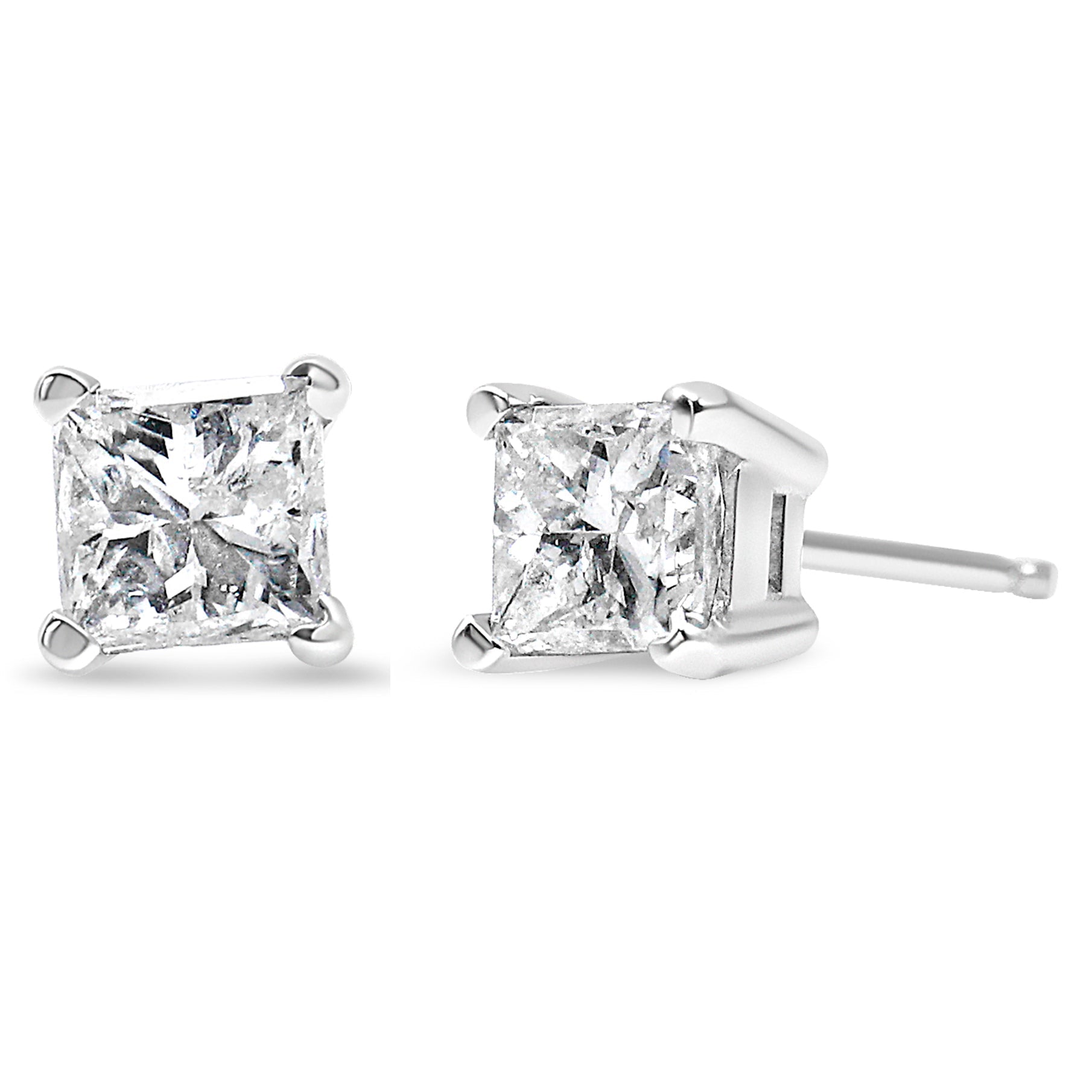 AGS Certified 14K White Gold 1.0 Cttw 4-Prong Set Princess-Cut Solitaire Diamond Push Back Stud Earrings (I-J Color, SI2-I1 Clarity)  DestGlow