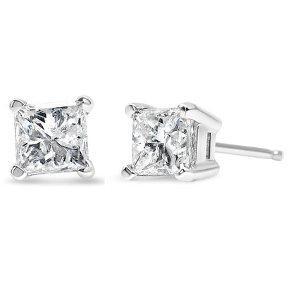 AGS Certified 14K White Gold 1.0 Cttw 4-Prong Set Princess-Cut Solitaire Diamond Push Back Stud Earrings (I-J Color, SI2-I1 Clarity)  DestGlow