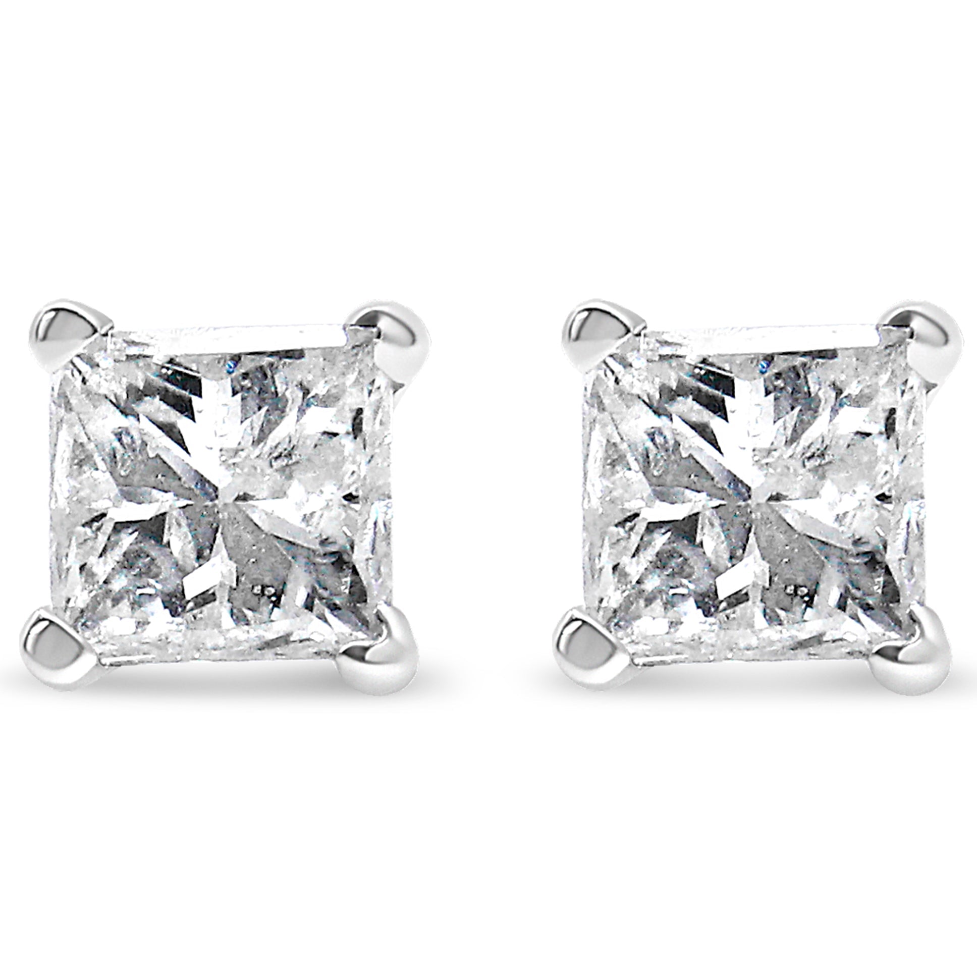 AGS Certified 14K White Gold 1.0 Cttw 4-Prong Set Princess-Cut Solitaire Diamond Push Back Stud Earrings (I-J Color, SI2-I1 Clarity)  DestGlow