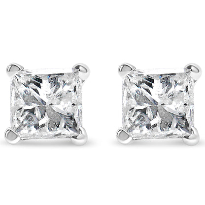 AGS Certified 14K White Gold 1.0 Cttw 4-Prong Set Princess-Cut Solitaire Diamond Push Back Stud Earrings (I-J Color, SI2-I1 Clarity)  DestGlow
