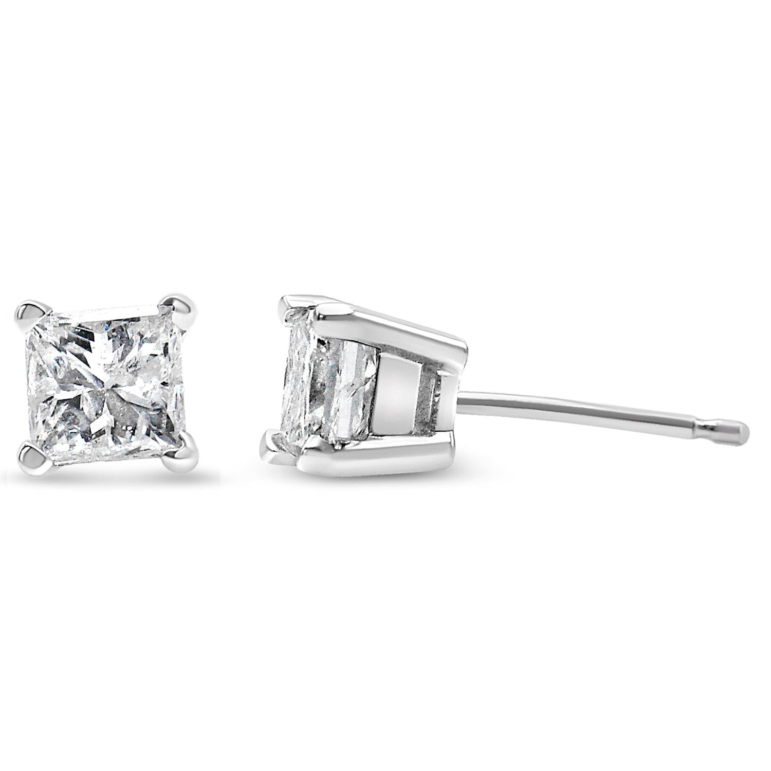 AGS Certified 14k White Gold 1.0 Cttw 4-Prong Set Princess-Cut Solitaire Diamond Push Back Stud Earrings for Women (E-F Color, I1-I2 Clarity) by Bids.com