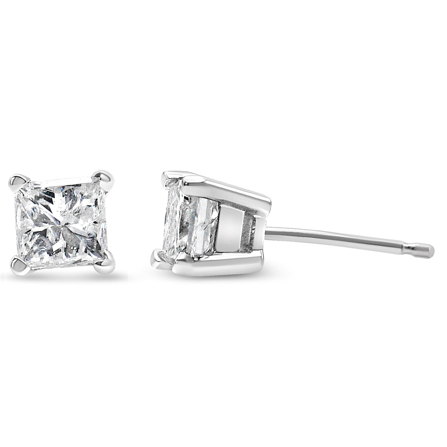 AGS Certified 14K White Gold 1.0 Cttw 4-Prong Set Princess-Cut Solitaire Diamond Push Back Stud Earrings (I-J Color, SI2-I1 Clarity)  DestGlow