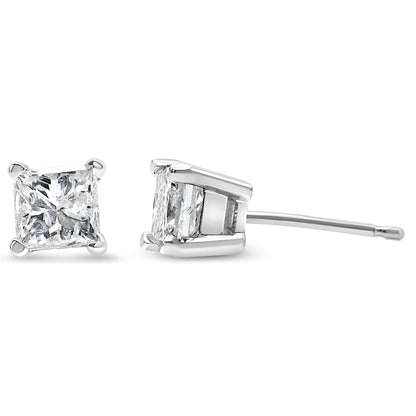 AGS Certified 14K White Gold 1.0 Cttw 4-Prong Set Princess-Cut Solitaire Diamond Push Back Stud Earrings (I-J Color, SI2-I1 Clarity)  DestGlow