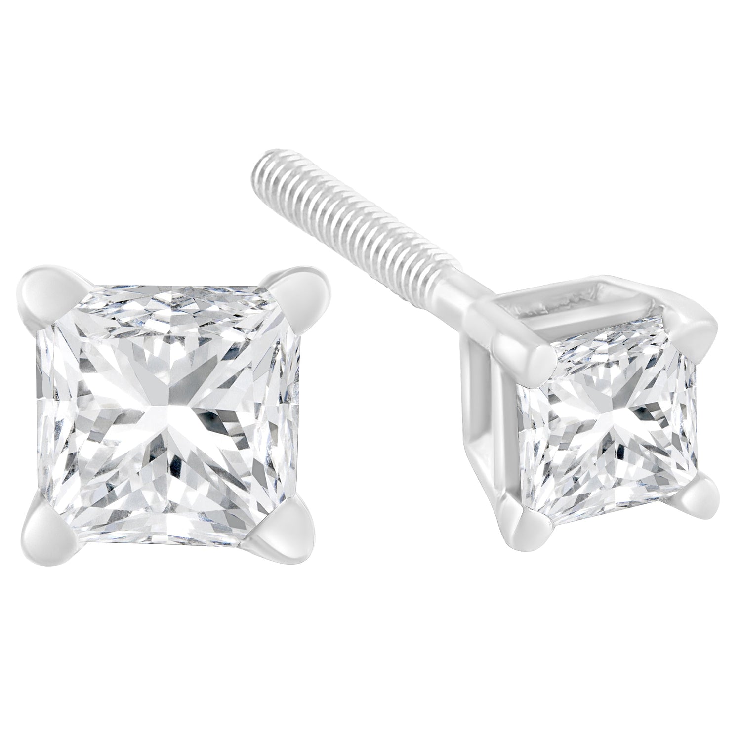 AGS Certified 18K White Gold 1.0 Cttw 4-Prong Set Princess-Cut Solitaire Diamond Screw Back Stud Earrings (E-F Color, SI2-I1 Clarity) by Bids.com
