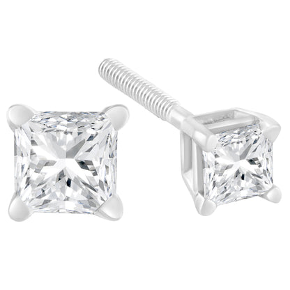 AGS Certified 18K White Gold 1.0 Cttw 4-Prong Set Princess-Cut Solitaire Diamond Screw Back Stud Earrings (E-F Color, SI2-I1 Clarity) by Bids.com