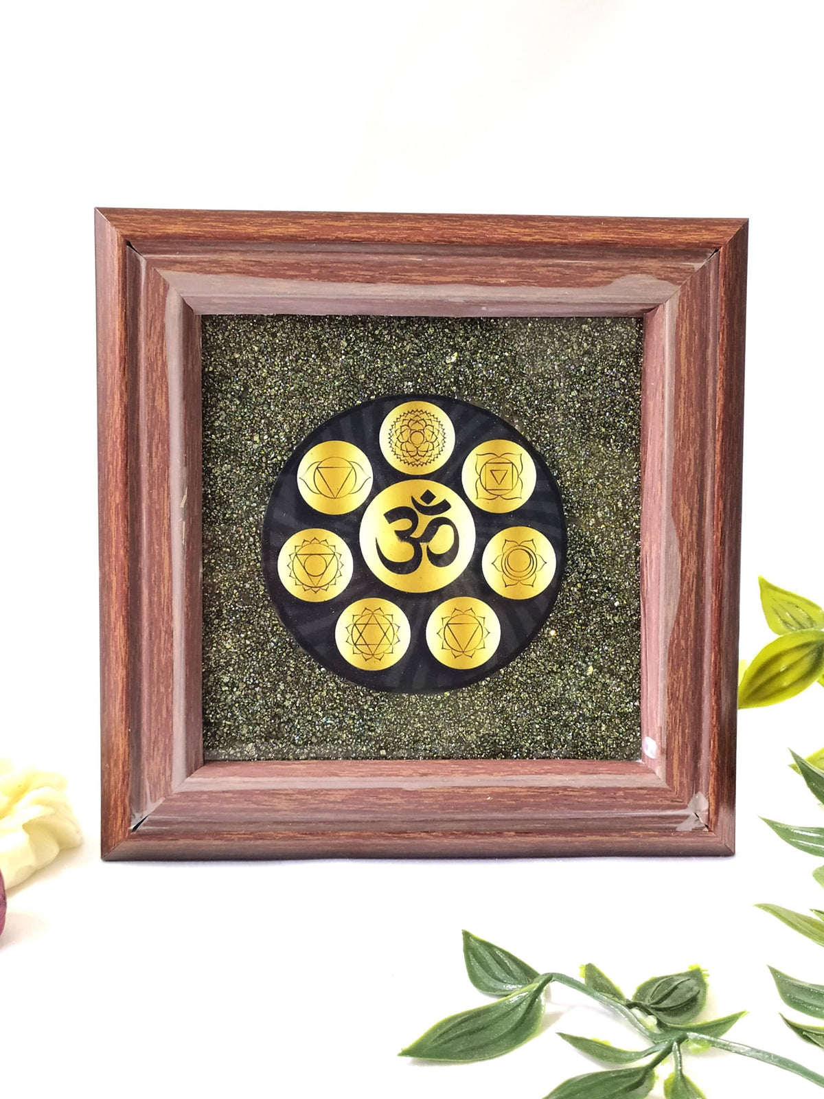 Pyrite Frame Raw Pyrite with Om, Pyrite Dust Plate.