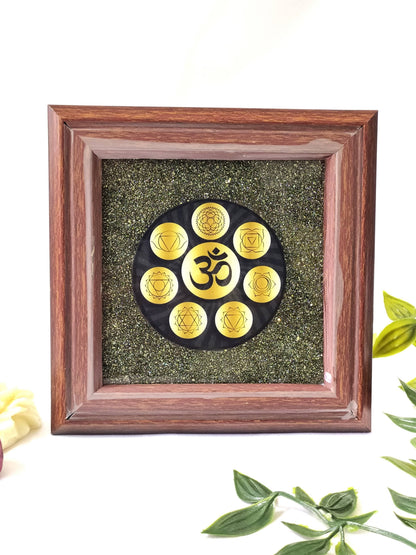 Pyrite Frame Raw Pyrite with Om, Pyrite Dust Plate.