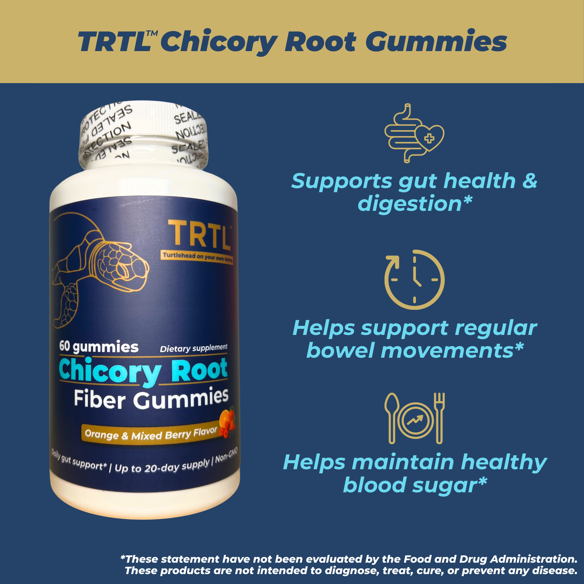 TRTL Fiber Gummies - 60 Count - Daily Prebiotic Fiber Supplement - Orange &amp; Mixed Berry Flavor