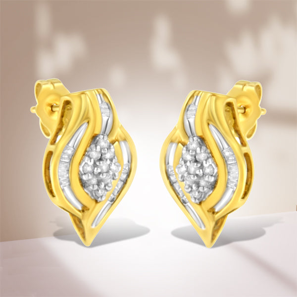 10K Yellow Gold 1/3 cttw Round-Cut Diamond Cluster and Swirl Stud Earrings (J-K Clarity, I2-I3 Color) by Bids.com