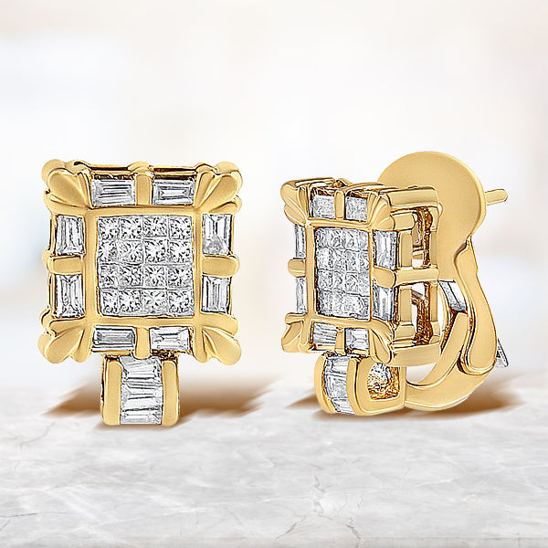 14K Yellow Gold 7/8 Cttw Princess and Baguette-Cut Diamond Square Framed Huggie Hoop Omega Earrings (H-I Color, SI1-SI2 Clarity) by Bids.com