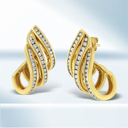 10K Yellow Gold 1.0 Cttw Round Brilliant Cut Diamond Spiral Multi Row Channel Set Open Hoop Pushback Stud Earrings (H-I Color, I1-I2 Clarity) by Bids.com