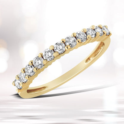 14K Yellow Gold Plated .925 Sterling Silver 1/2 cttw Shared Prong Set Brilliant Round-Cut Diamond 11 Stone Band Ring (J-K Color, I1-I2 Clarity) - Size 7  DestGlow