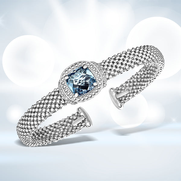 Popcorn Texture Cuff Bangle with Blue Topaz and Diamonds in Sterling Silver by Bids.com