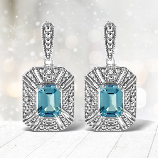 .925 Sterling Silver 7x5MM Emerald Shape Blue Topaz and Diamond Accent Art Deco Halo Style Drop and Dangle Earrings (I-J Color, I1-I2 Clarity) by Bids.com