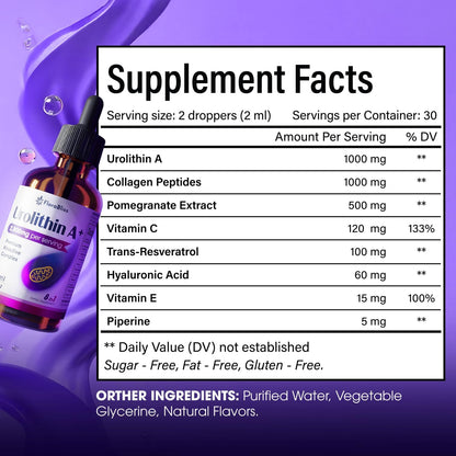 Urolithin A Supplement 2800 mg Liquid Drops | with Trans-Resveratrol, Collagen Peptides, Pomegranate Extract, Hyaluronic Acid, Vitamin E &amp; C by FreshDrinkUS - Natural and Premium Herbal Tea