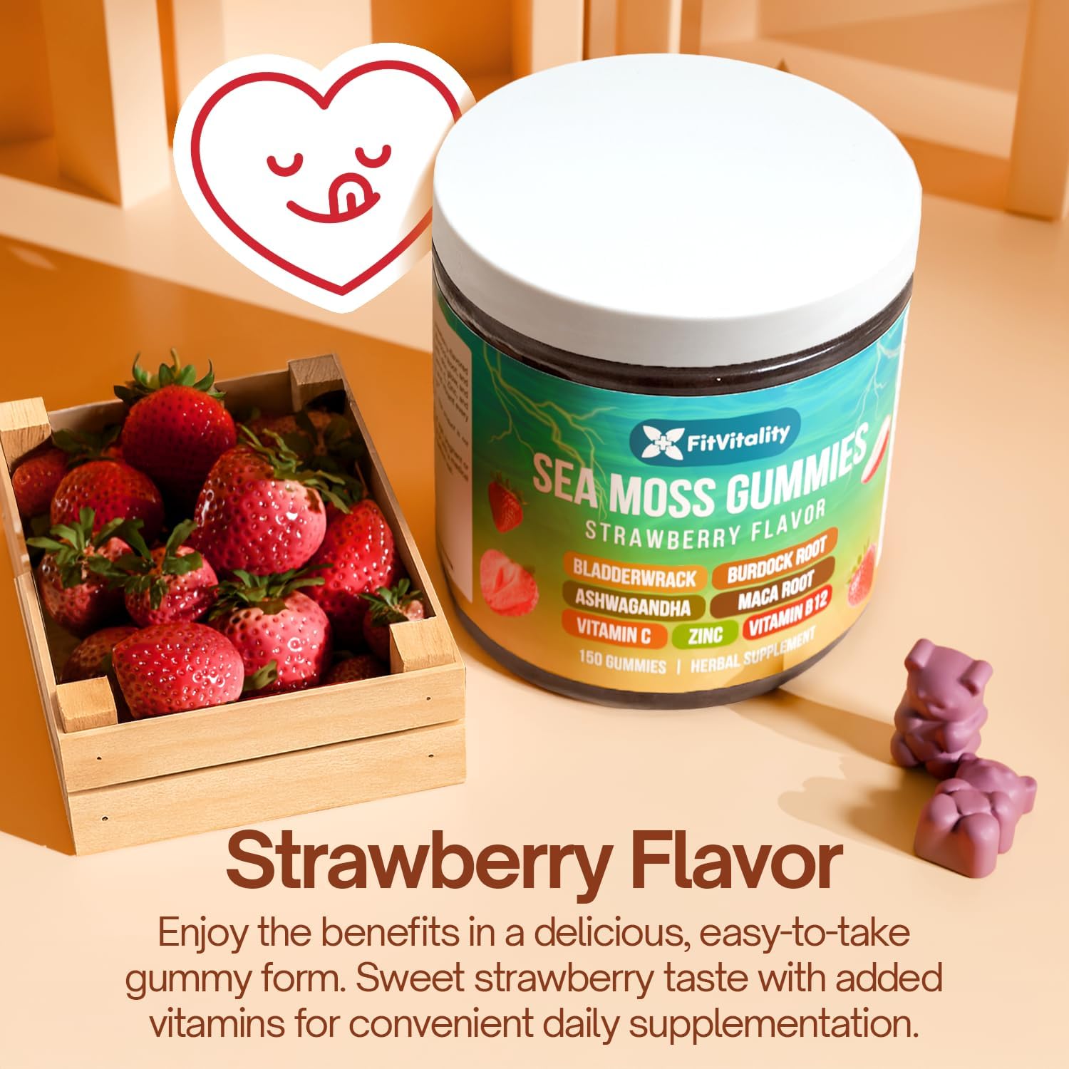 Sea Moss Gummies | Strawberry Flavor Vegan Gummies | Extra Rich 9-in-1 Formulation with Irish Sea Moss, Elderberry, Bladderwrack, Burdock, Ashwagandha, Maca, Zinc, B12 | Energy &amp; Immune Support by FreshDrinkUS - Natural and Premium Herbal Tea