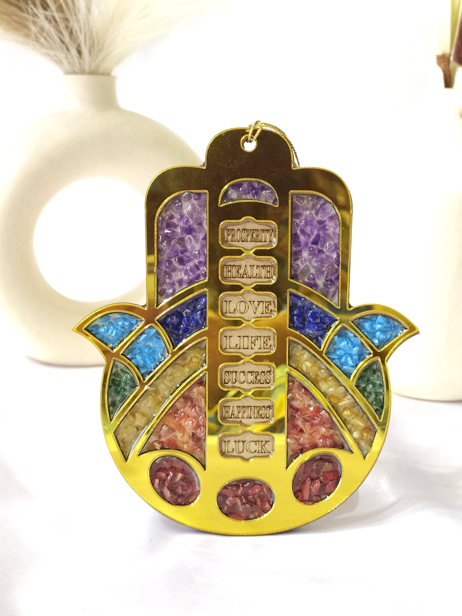 Hamsa Hand Wall &amp; Car Hanger with Seven Chakra Stones