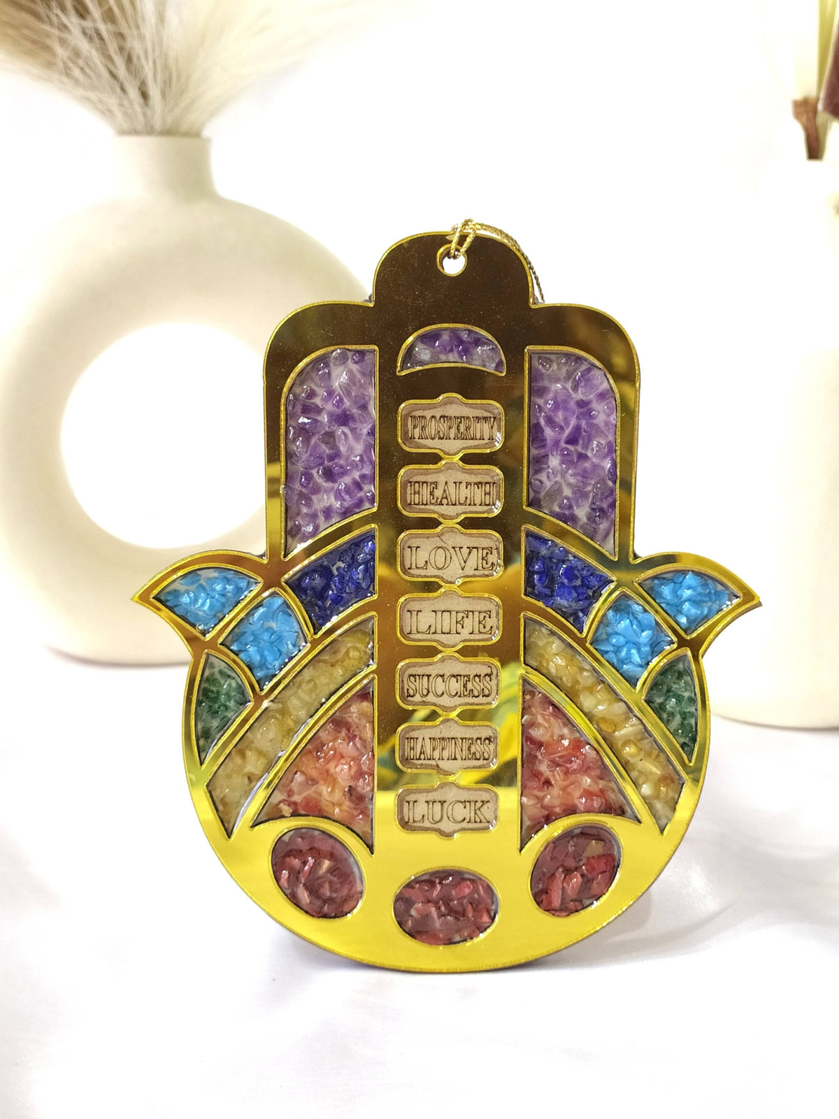Hamsa Hand Wall &amp; Car Hanger with Seven Chakra Stones