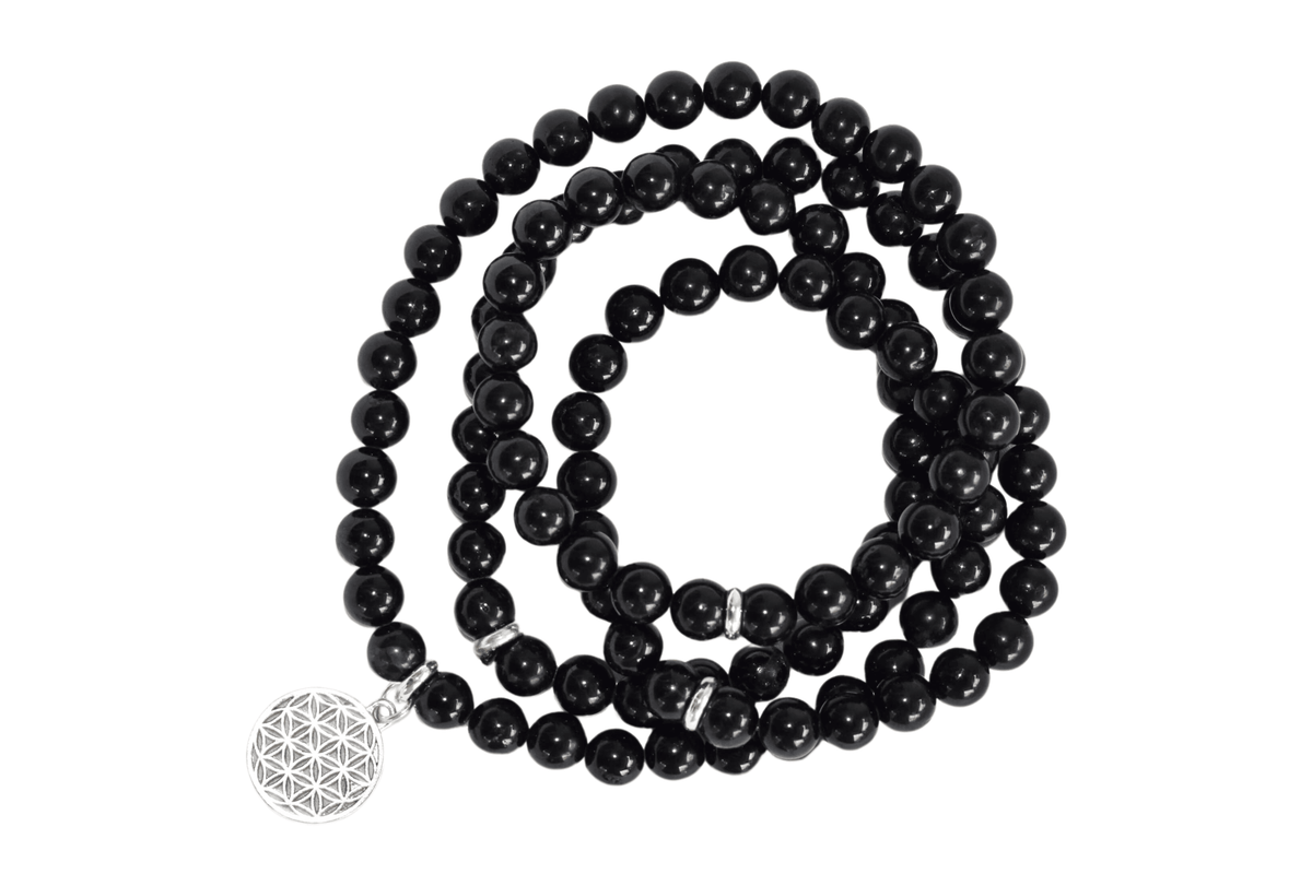 Black Tourmaline Beads Mala Bracelet, 108 Prayer Beads Necklace (Physical Ailments and Growth)  DestGlow
