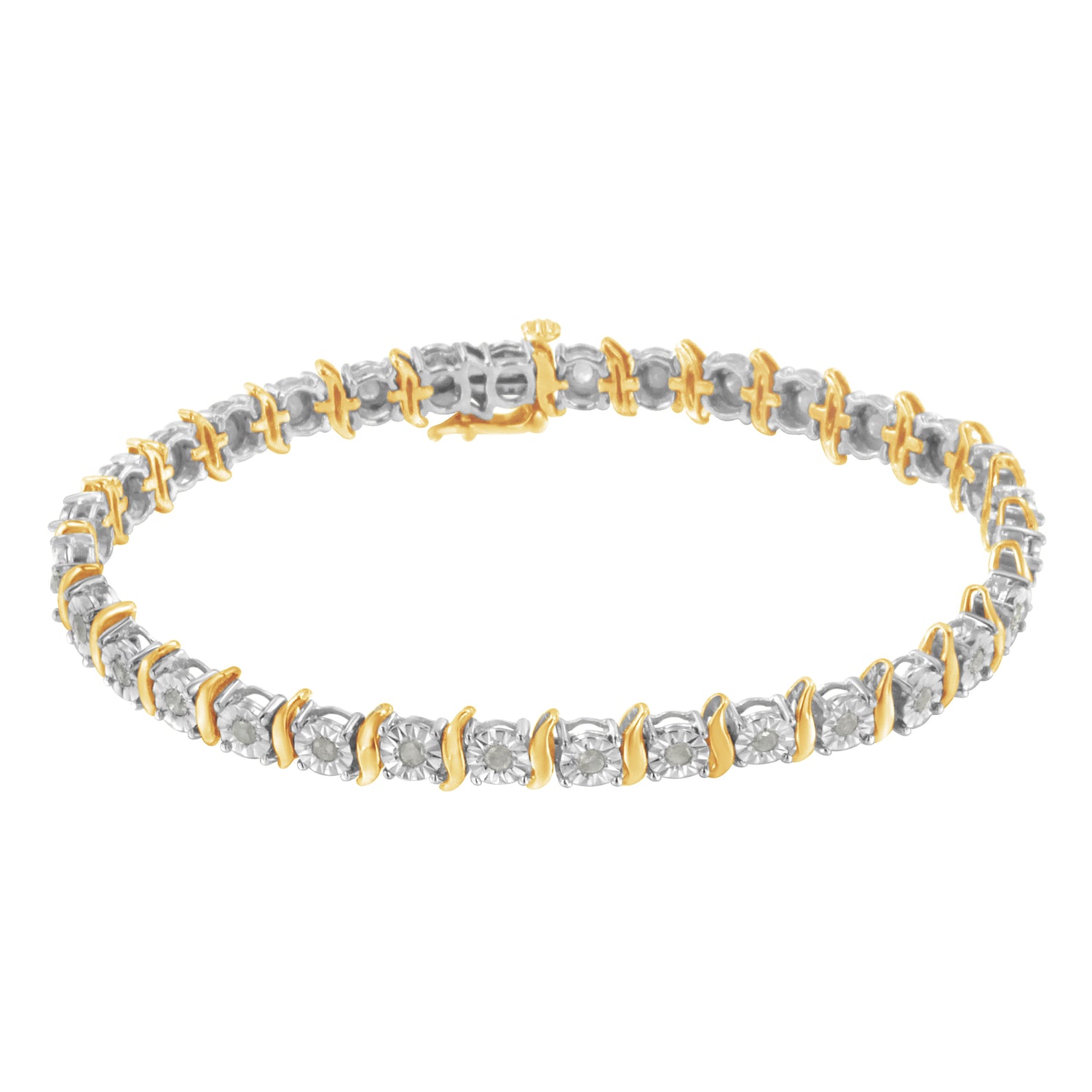 Two-Tone 10K Yellow Gold over .925 Sterling Silver 1.0 Cttw Diamond S-Curve Link Miracle-Set Tennis Bracelet (I-J Color, I3 Clarity) - 7" by Bids.com
