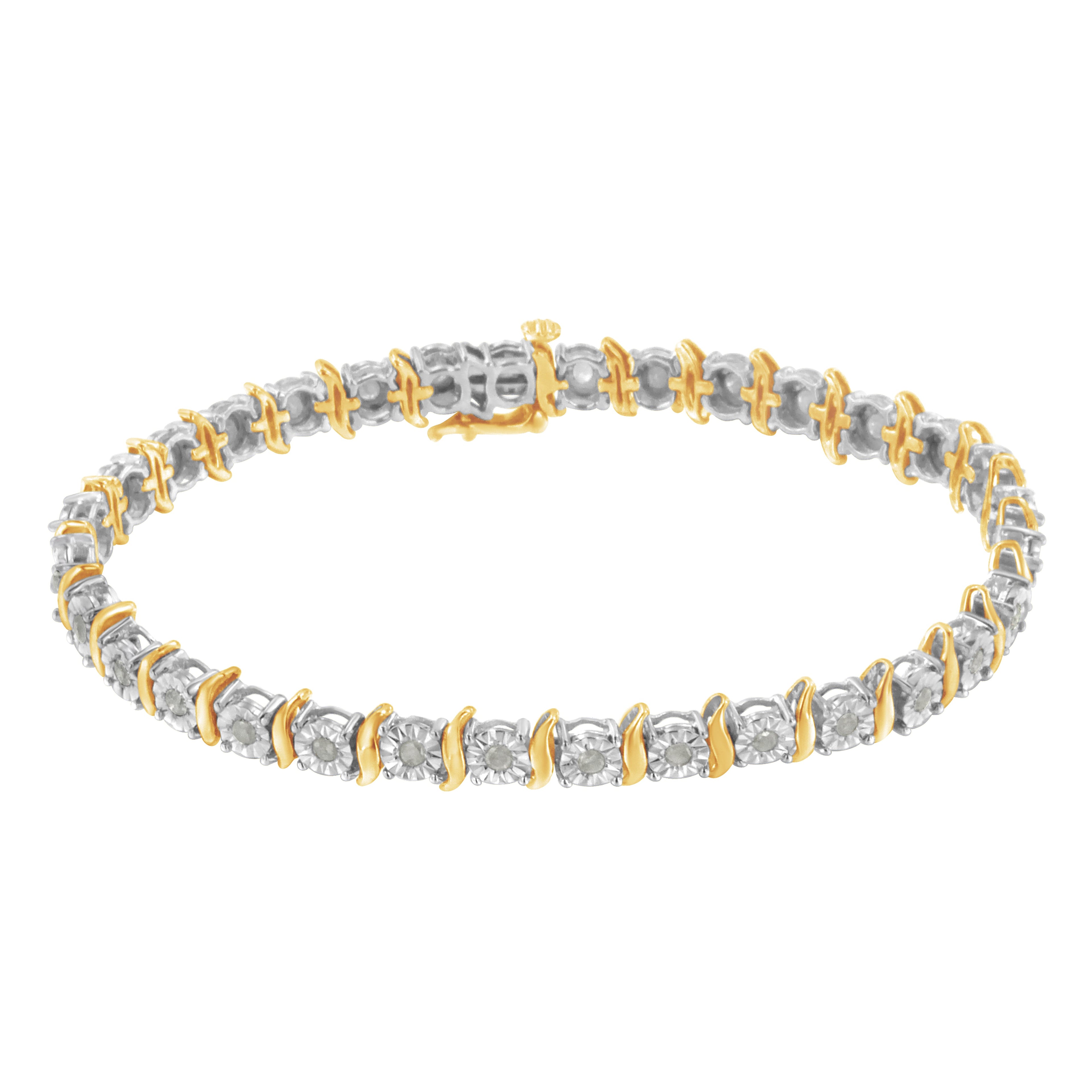 Two-Tone 10K Yellow Gold over .925 Sterling Silver 1.0 Cttw Diamond S-Curve Link Miracle-Set Tennis Bracelet (I-J Color, I3 Clarity) - 7" by Bids.com