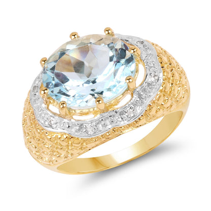 14K Yellow Gold Plated 5.27 Carat Genuine Blue Topaz &amp; White Topaz .925 Sterling Silver Ring  DestGlow