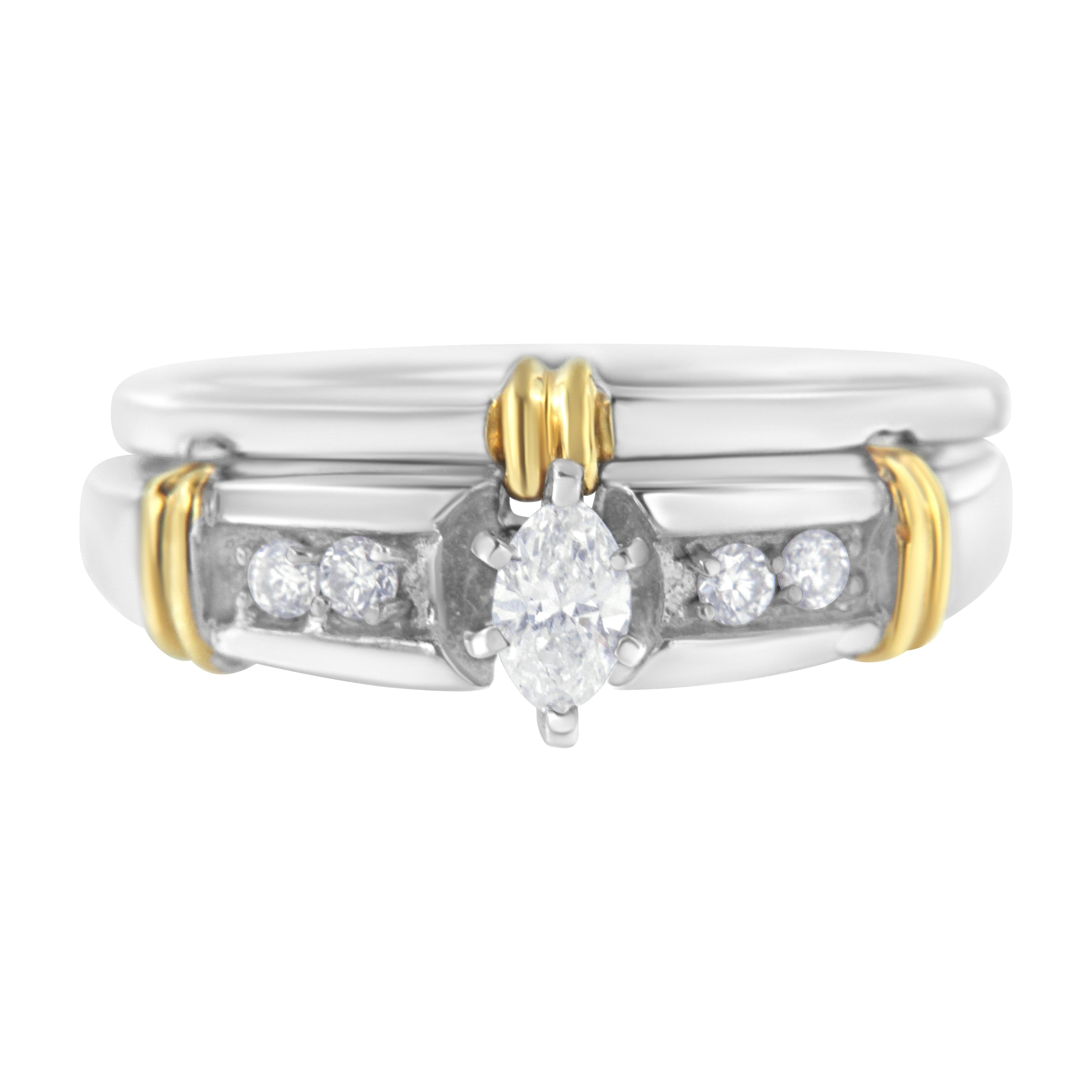 14K Yellow and White Gold 1/3 Cttw Marquise Diamond Cocktail Engagement Ring Set (H-I Color, SI1-SI2 Clarity) - Size 7 by Bids.com