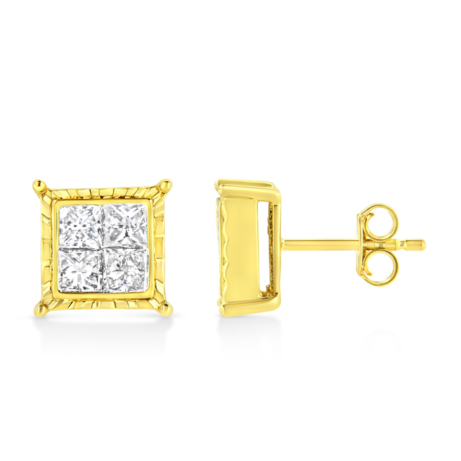 14K Yellow Gold 1.0 Cttw Invisible Set Princess-Cut Diamond Composite 8 Stone Stud Earrings (I-J Color, SI1-SI2 Clarity) by Bids.com